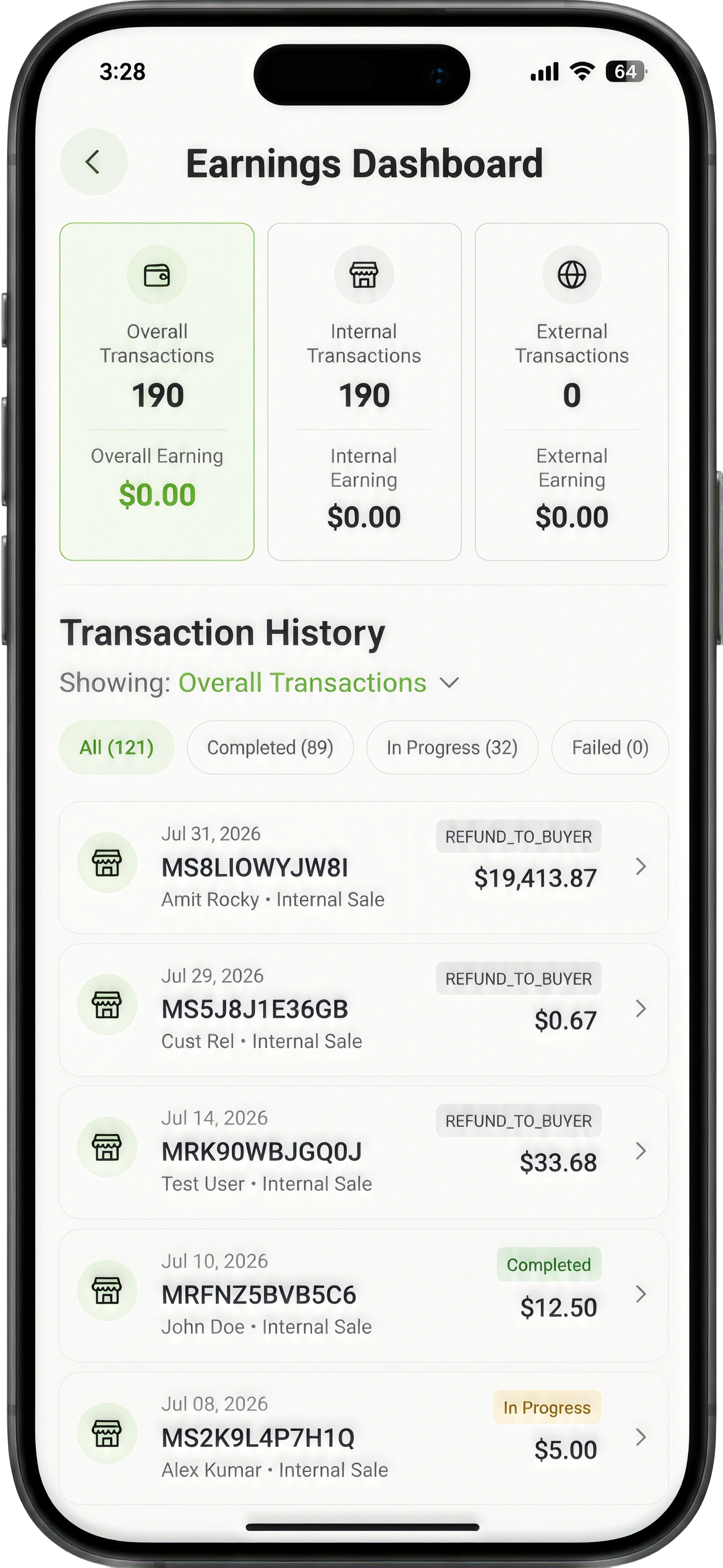 The Earnings Dashboard screen in the Swap Stop app