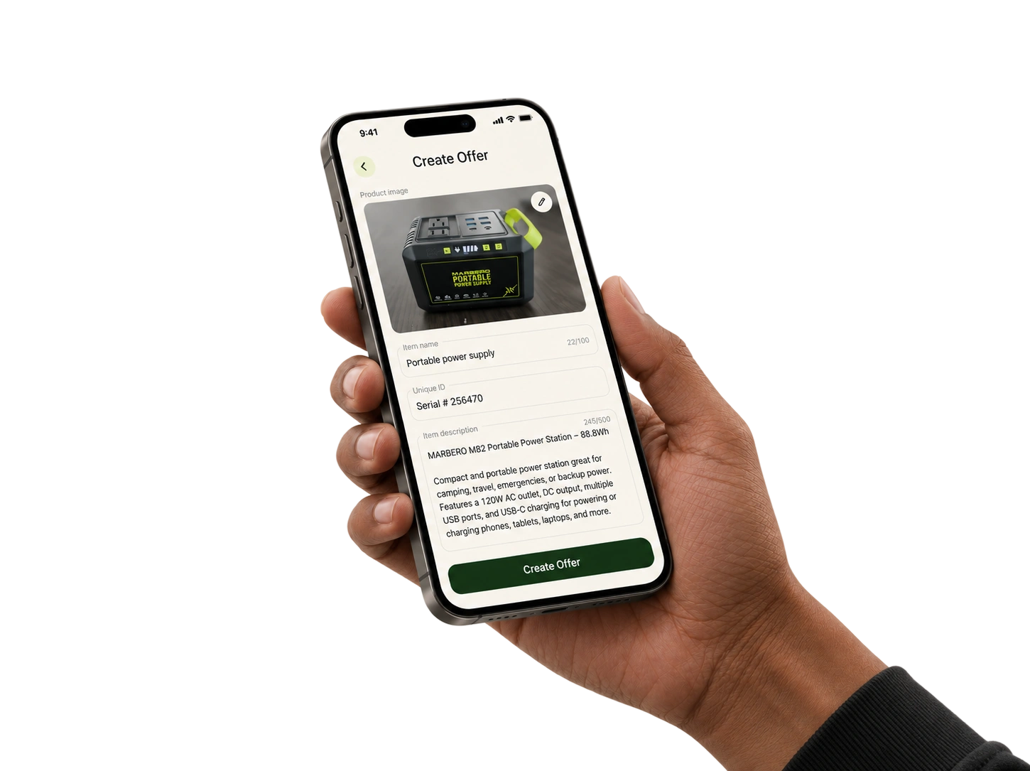 Swap Stop app screen for creating an offer, held in hand