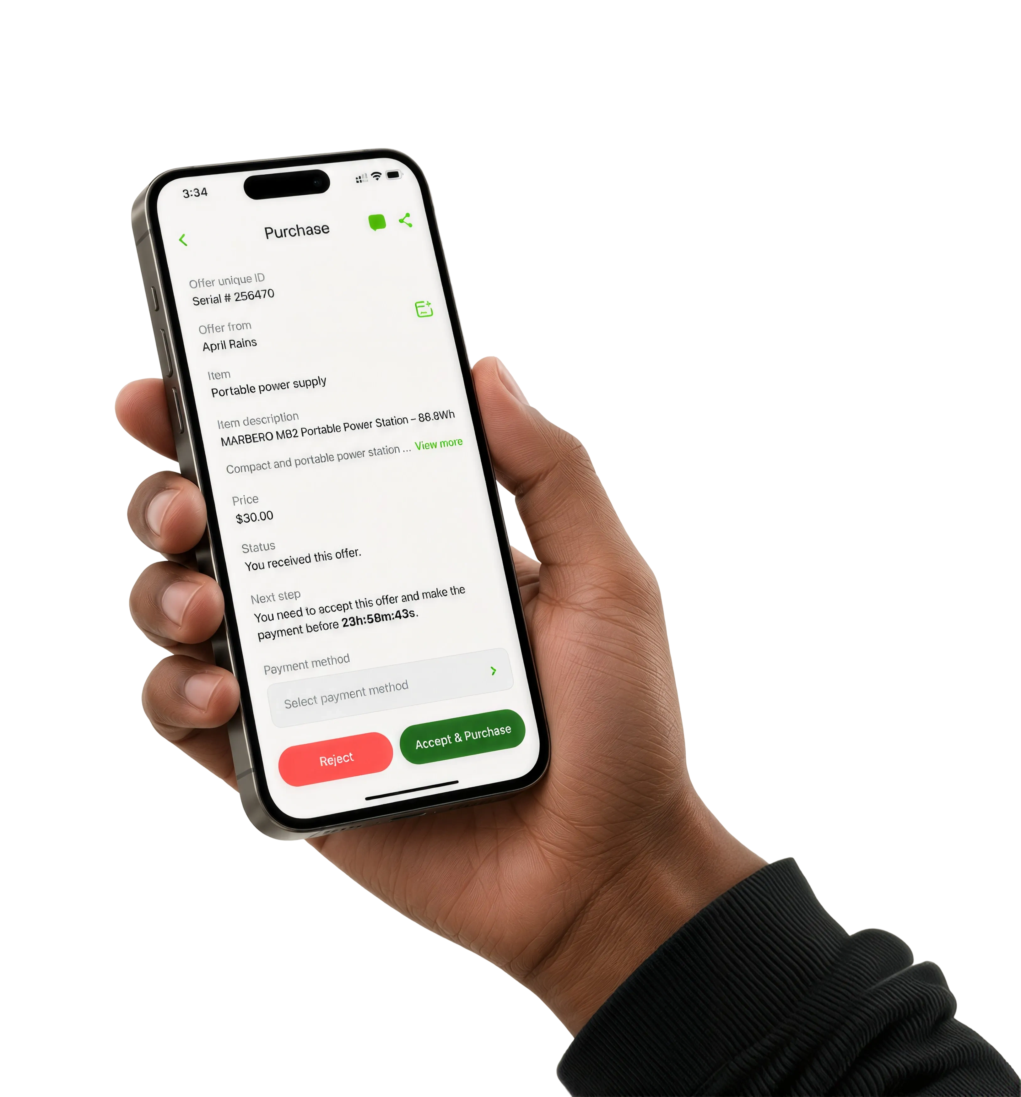 Swap Stop app screen for paying for an item, held in hand