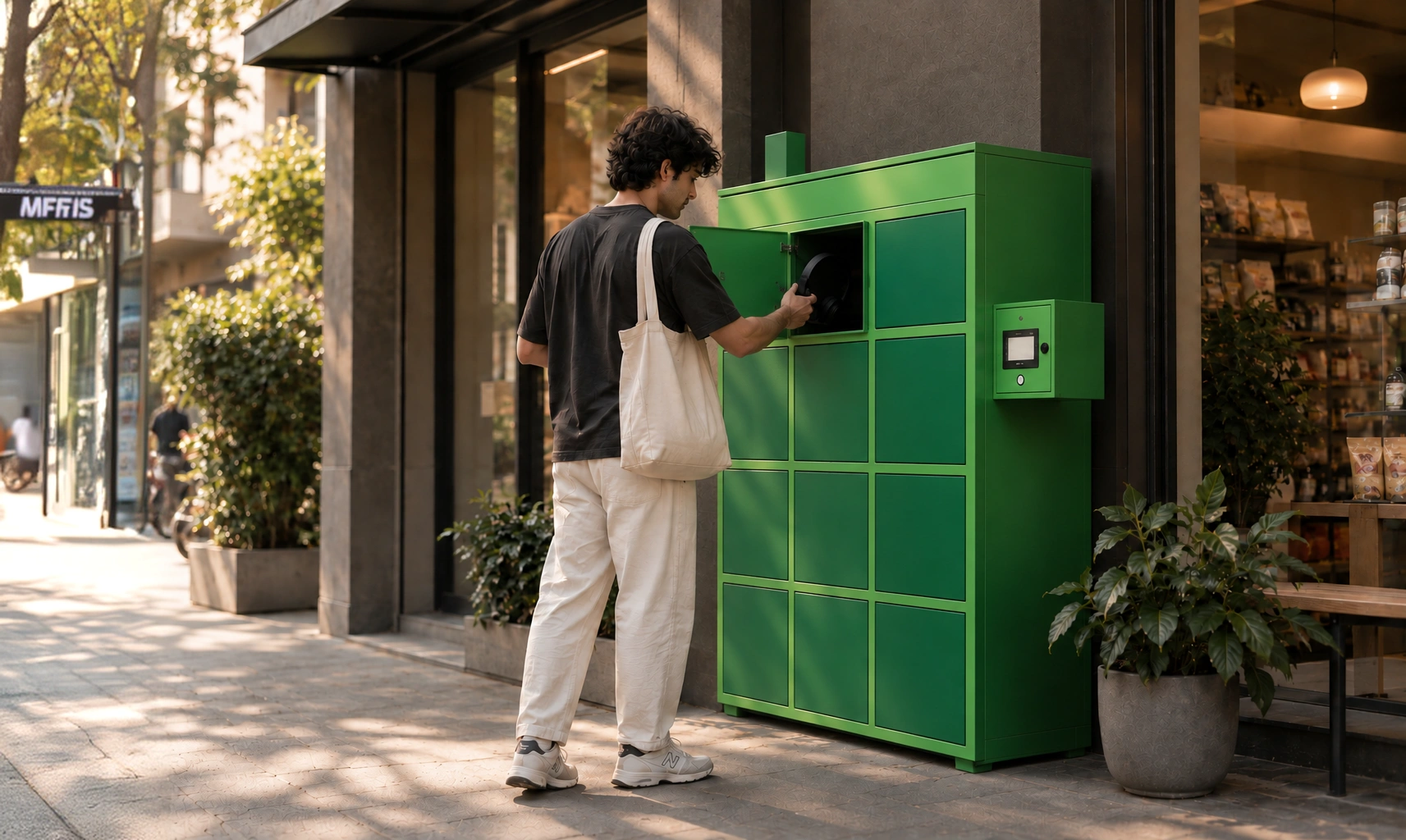 Person dropping an item off at a Swap Stop locker