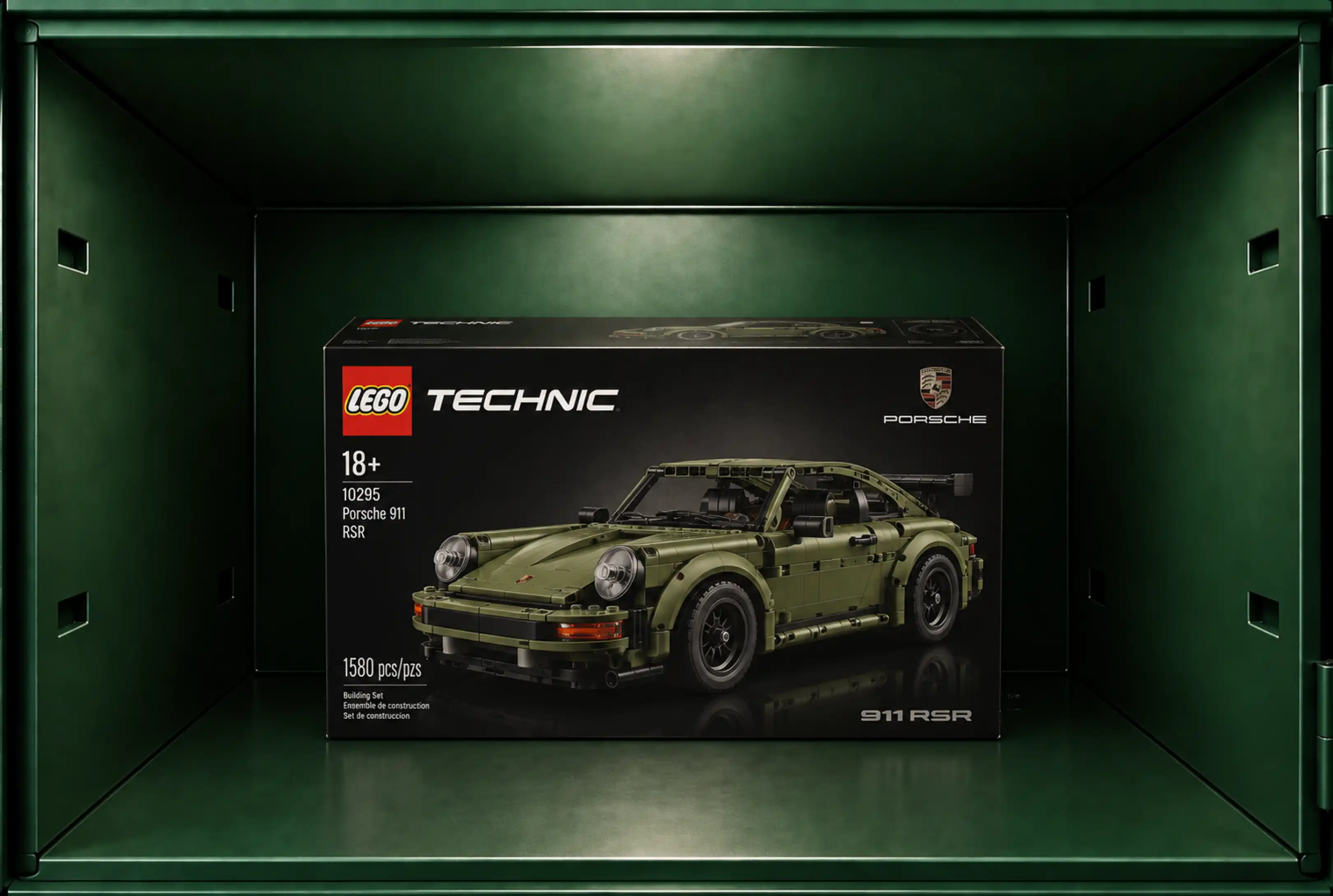 A boxed LEGO Technic Porsche set inside the locker